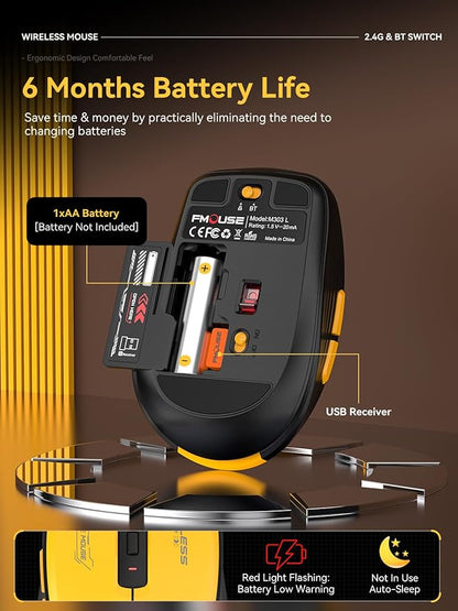Wireless Mouse (Bluetooth & 2.4GHz USB) with Forward/Backward Side Keys, Silent Click, Ergonomic Portable AA Battery Mice for Laptop/Mac/iPad - Office & Travel Use, Yellow & Black