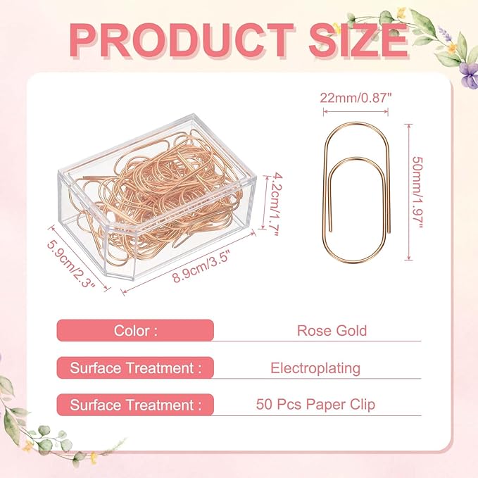 PATIKIL 50 Pcs Paper Clip, 2inch Non-Skid Metal Paper Clamp Clips Large for Office Supplies Craft Scrapbook Document Note Sorting, Electroplating, Rose Gold