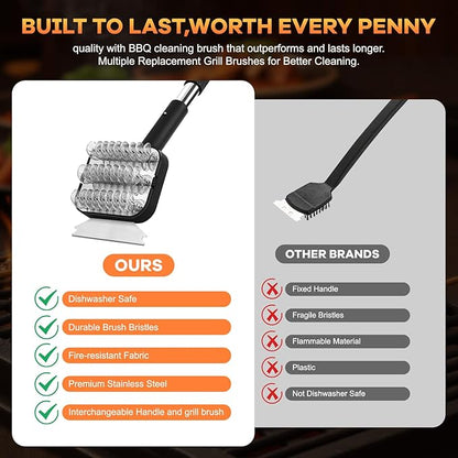 BBQ Grill Brush Set，Safe Grill Cleaning Brush Set and Scraper with Replacement Sponge Heads and Various Cleaning Brushes for Porcelain Charcoal Grill