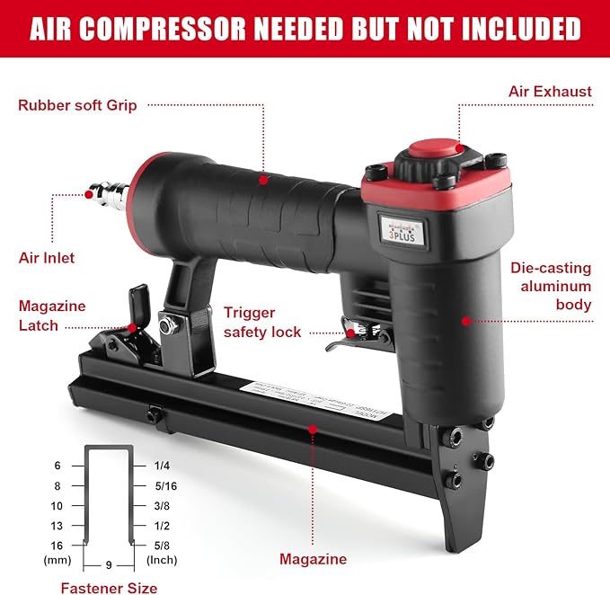 3PLUS H7116SP 22 Gauge 3/8-Inch Crown Pneumatic Upholstery Stapler for 71 Series Staples, 1/4-Inch to 5/8-Inch