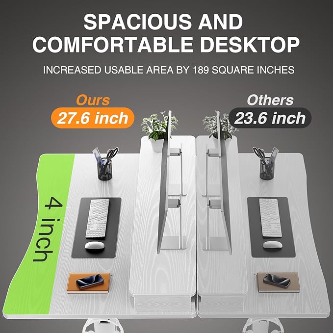 Veken 47.2"×27.6" Home Office Standing Desk with Monitor Riser, Adjustable Computer Desk with Drawers, Ergonomic Desk for Work, Study, Gaming, Crafting, White