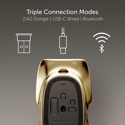 LUNAR ARTEFACTS Ambidextrous Rechargeable Bluetooth Wireless Computer Mouse Black French Leather and Gold Tone Plated Aluminum, Qi Enabled USB-C