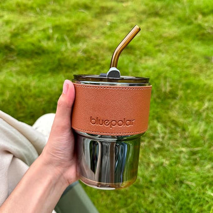 13oz/400ml Tumbler Water Glass, Cups with Straw and Lid Sealed Carry on for Coffee, Iced Tea, Thick Wall Insulated Glass Cup (Amberwith Protect Sleeve)