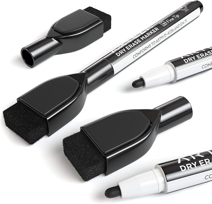 ARTEZA Black Dry Erase Markers with Erasers – Pack of 36 Magnetic Fine Tip Whiteboard Pens with Low-Odor Ink for School, Office & Home Use