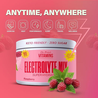 Dr. Price’s Electrolytes Powder Bulk | Raspberry 90 Servings | Sugar Free Hydration Powder with 72+ Trace Minerals | Keto, Vegan, Electrolyte Drink Mix | Doctor-Formulated, Made in USA