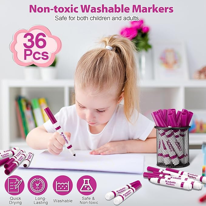 Janlaugh 36 Pcs Rose Pink Washable Markers Bulk Coloring Broad Line Markers for Kids Rose Pink Conical Tip Drawing Pen for School Travel Art Baby Shower Gender Reveal Party Supplies, Ages 6+