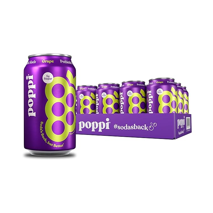 Poppi Sparkling Prebiotic Soda Beverage with Apple Cider Vinegar, Seltzer Water and Fruit Juice, Grape Flavor, 12 Fl Oz, Pack of 12, Packaging May Vary