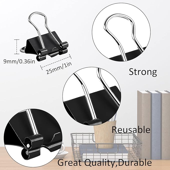 JANYUN Medium Binder Clips, 150Pcs 25mm/1 Inch Large Paper Clamps Metal Clips for Office School Home Supplies (Black)