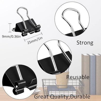 JANYUN Medium Binder Clips, 150Pcs 25mm/1 Inch Large Paper Clamps Metal Clips for Office School Home Supplies (Black)