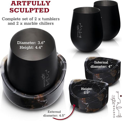 Gusto Nostro Marble Wine Chiller for Glass and Stainless Steel Tumbler Set of 2 - Wine Glass Chiller Holder for Freezer - Cool Set of Two Chillers & Stemless Wine Metal Tumblers for Home, Bar (Black)