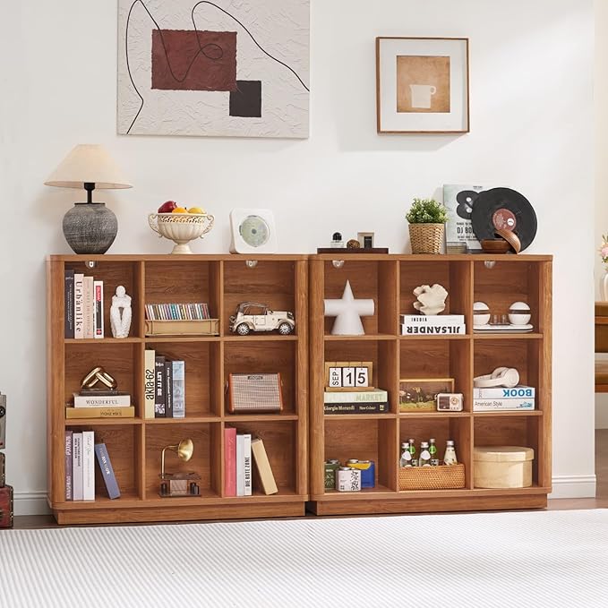 9 Cube Storage Book Shelf, 40" Tall Organizer Bookshelf with Curved Edge, Wood Floor Standing 3-Tier Cubby Bookcase with Base, Country Rustic Display Book Case for Library, Office, Orange Oak