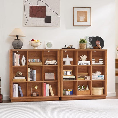 9 Cube Storage Book Shelf, 40" Tall Organizer Bookshelf with Curved Edge, Wood Floor Standing 3-Tier Cubby Bookcase with Base, Country Rustic Display Book Case for Library, Office, Orange Oak