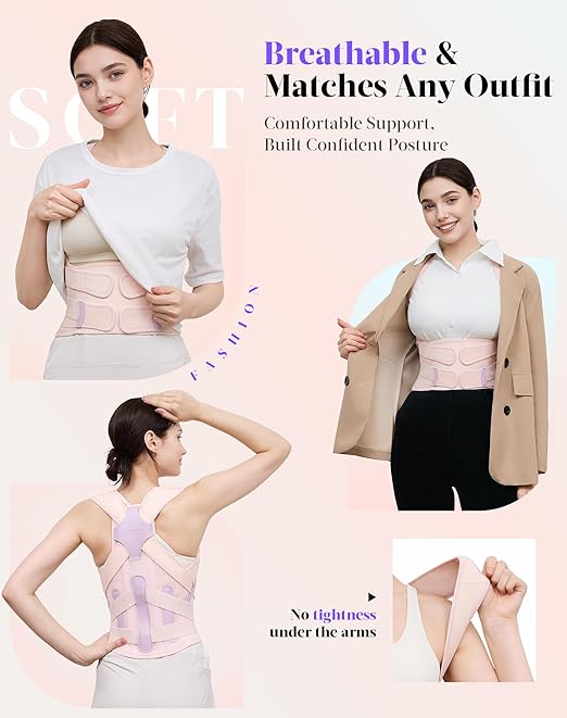 Posture Corrector for Women and Men, 5 Full Back Support Brace Rods, Adjustable Shoulder Straightener, FSA&HSA Eligible, Relief for Upper and Lower Back, Lumbar, Neck Pain (Pink, Medium)