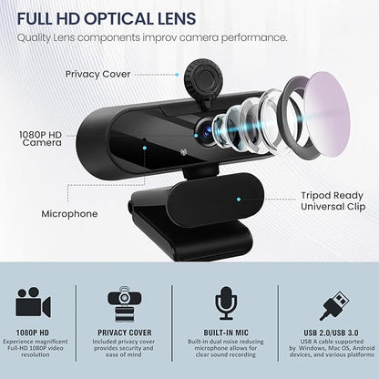 USB HD 1080P Video Webcam and Wide Angle Camera with Built-in Microphone and Rotatable Tripod,for Laptop Computer or Desktop PC,Great for Live Streaming.Calls.Video Conferencing - 1(Black)