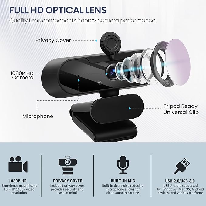USB HD 1080P Video Webcam and Wide Angle Camera with Built-in Microphone and Rotatable Tripod,for Laptop Computer or Desktop PC,Great for Live Streaming.Calls.Video Conferencing(Grey)