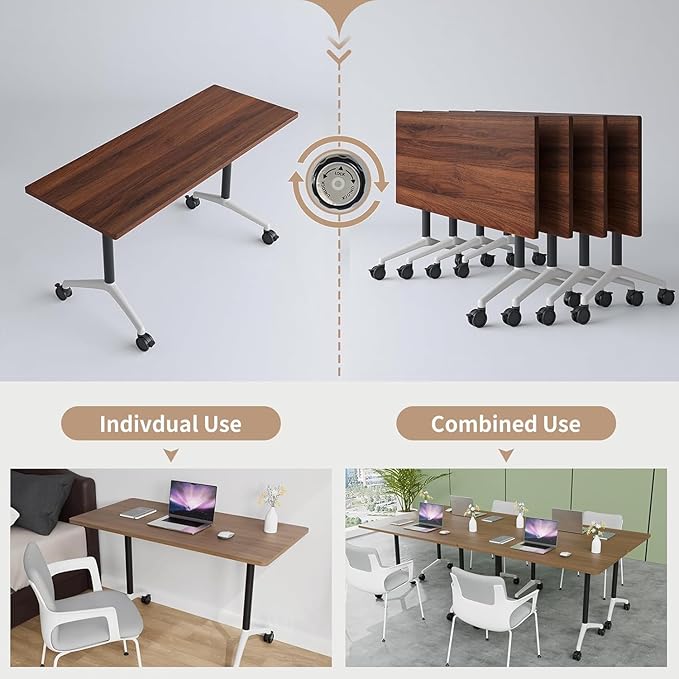 Conference Room Table, Modern Folding Training Tables with Flip Top, Mobile Table with Four Locking Wheels, Executive Desk for Meeting Room, Office, Classroom (6PCS，61in)