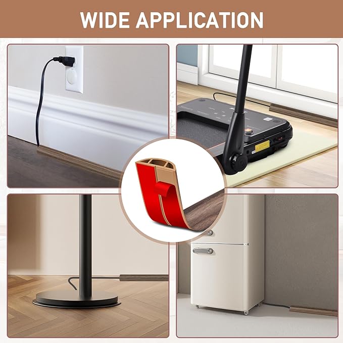 Floor Cord Cover Self Adhesive Cord Hider Floor Extension Cord Covers for Floor Power Cord Protector Cable Management Prevent Cable Trips Cable Cavity 0.51" W x 0.31" H (Smoked Brown Wood, 10Ft)