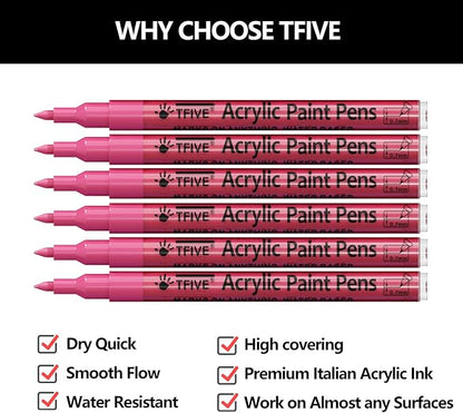 Pink Marker Paint Pens - 6 Pack Acrylic Pink Permanent Marker, 0.7mm Extra Fine Tip Paint Pen for Art Projects, Drawing, Rock Painting, Stone, Ceramic, Glass, Wood, Plastic, Metal, Canvas DIY Crafts