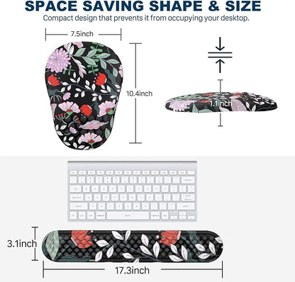 Ergonomic Mouse Pad and Keyboard Wrist Rest with Massage Design, Space-Saving Mouse Pad Wrist Support, Memory Foam Wrist Rest with Non-Slip PU Base for Computer Desk, Multiflora