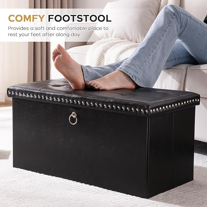 Folding Storage Ottoman Bench 30in, Leather Foot Rest Stools Ottoman with Storage, Coffee Table, End of Bed Bench Footstool for Living Room, Bedroom, Load 330 lb, 30x15x15 inches, Black