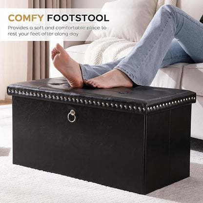 Folding Storage Ottoman Bench 30in, Leather Foot Rest Stools Ottoman with Storage, Coffee Table, End of Bed Bench Footstool for Living Room, Bedroom, Load 330 lb, 30x15x15 inches, Black