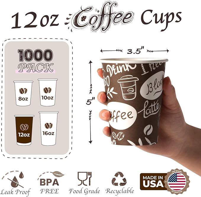 Fit Meal Prep 12 oz Coffee Cups 1000 Count, Leak-Proof Hot Cup, Disposable Paper Coffee Cup Bulk for Hot/Cold Beverage, Durable Thickened Paper Cups for Party, Office, Bussines, Home, Bistros