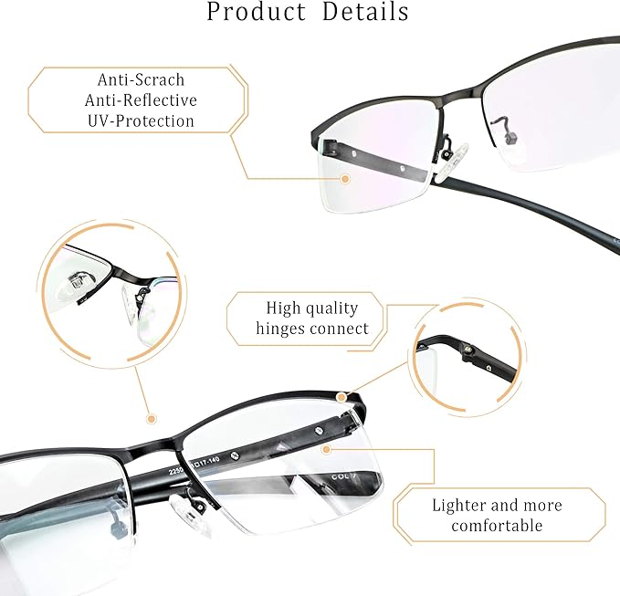LifeArt Alloy Semi-Rimless Reading Glasses,Blue Light Blocking Glasses, Anti Eyestrain, Computer Gaming Glasses, TV Glasses for Women, Anti Glare (Black, +2.50 Magnification)