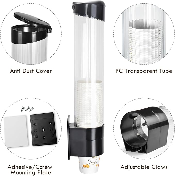 LBTING Cup Dispenser, Water Cooler Pull Type Cup Holder Fits 5oz - 7oz Cone or Flat Bottom Cups, Paste or Screw Plate Wall Mount, 16" Tube Length Black