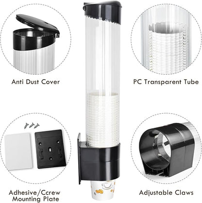 LBTING Cup Dispenser, Water Cooler Pull Type Cup Holder Fits 7oz - 12oz Cone or Flat Bottom Cups, Paste or Screw Plate Wall Mount, 16.9" Tube Length Black