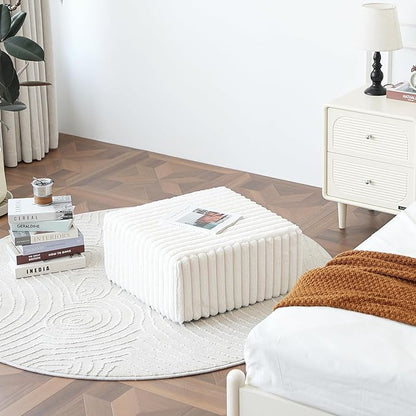 Tiita Suqre Stuffed Pouf Ottoman, Stripe Poufs 21×21×10 inch with Foam Chunk Filling, Floor Bean Bag Floor Chair Storage for Living Room Bedroom Home Decor, Beige
