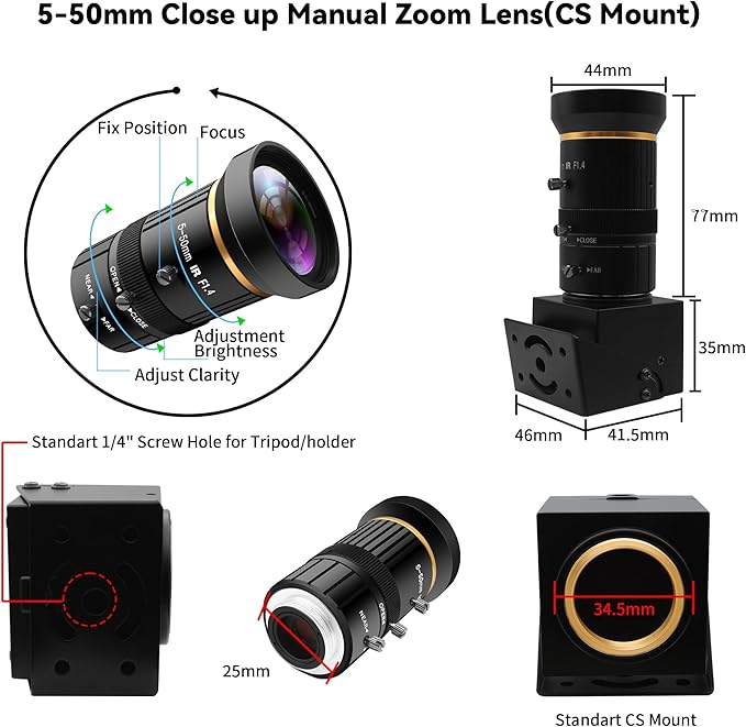 USB Webcam 5MP Color Industrial USB Camera with CS-Mount 5-50mm 10X Manual Zoom Lens – 1944P@30fps, Plug-and-Play for PC, Live Streaming, Video Conferencing & Projects