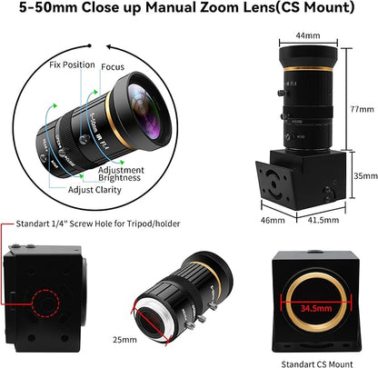 USB Webcam 5MP Color Industrial USB Camera with CS-Mount 5-50mm 10X Manual Zoom Lens – 1944P@30fps, Plug-and-Play for PC, Live Streaming, Video Conferencing & Projects