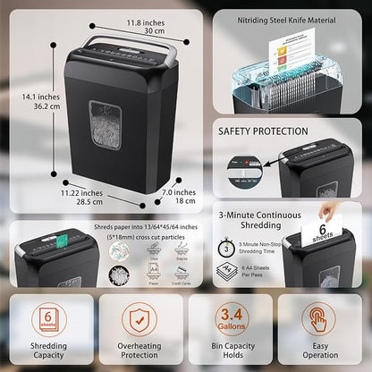 Bonsaii Paper Shredder for Home Office, 6-Sheet Cross-Cut, Shreds Paper, Credit Cards, Mail, Staples & Clips, 3.4-Gallon Clear Bin with Handle