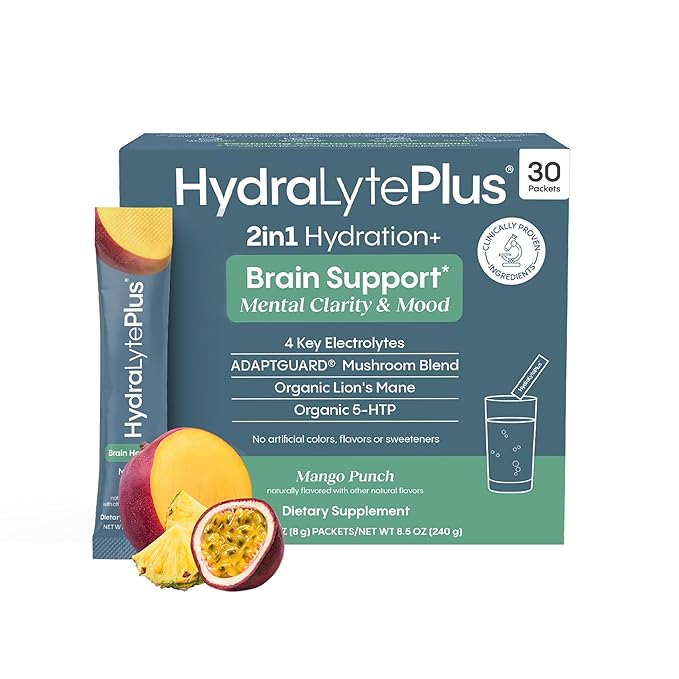 Hydralyte Brain Support - Memory & Focus | Electrolytes + Organic Lions Mane, Reishi, Cordyceps & 5-HTP | Adaptogen Drink Mix with Mushroom Powder | Support Focus and Mood (30 Pack, Mango Punch)