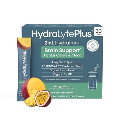 Hydralyte Brain Support - Memory & Focus | Electrolytes + Organic Lions Mane, Reishi, Cordyceps & 5-HTP | Adaptogen Drink Mix with Mushroom Powder | Support Focus and Mood (30 Pack, Mango Punch)