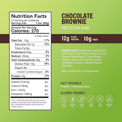 Amrita Nut Free Chocolate Brownie Vegan Protein Bars (12 Count) | 12g Plant-Based Protein Bar | Peanut Free, Gluten Free, and Dairy Free | Low Sugar, High Fiber, Healthy School-Safe Snacks