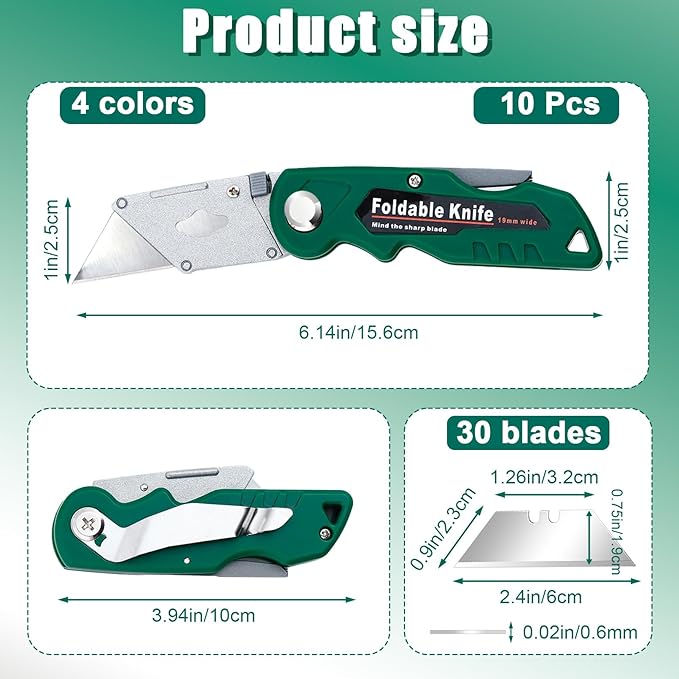 10 Pack Folding Utility Knife, Folding Box Cutter with 30 Extra Blades, Heavy Duty Utility Knife, Pocket Box Cutter for Cardboard, Boxes, Stainless Belt Clip, Quick Change Blades
