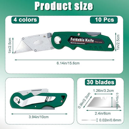 10 Pack Folding Utility Knife, Folding Box Cutter with 30 Extra Blades, Heavy Duty Utility Knife, Pocket Box Cutter for Cardboard, Boxes, Stainless Belt Clip, Quick Change Blades