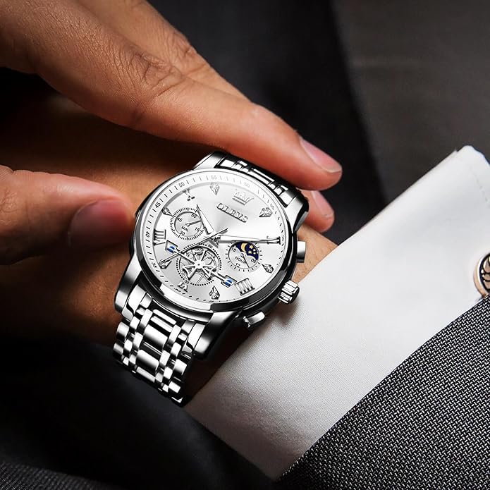OLEVS Men Watches Stainless Steel Chronograph Watch, Large Wrist Analog Quartz Watch, Fashion Waterproof Diamond Roman Numerals Dress Watches for Men, Gold/Black/White/Blue/Grey Dial