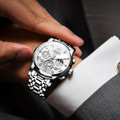 OLEVS Men Watches Stainless Steel Chronograph Watch, Large Wrist Analog Quartz Watch, Fashion Waterproof Diamond Roman Numerals Dress Watches for Men, Gold/Black/White/Blue/Grey Dial