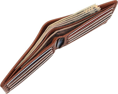 Mens Genuine Leather Bifold Wallet RFID Blocking 8 Credit Card Slots 2 Sections for Bills & 2 Additional Slots | Tan