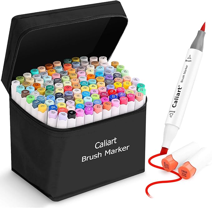 Caliart Alcohol Markers Brush Tip, 121 Colors Dual Tip Coloring Marker Pen Set Brush & Chisel, Art Supplies Kit Gift for Adults Coloring Book Artists Sketch Drawing Illustration