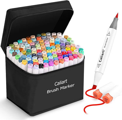 Caliart Alcohol Markers Brush Tip, 121 Colors Dual Tip Coloring Marker Pen Set Brush & Chisel, Art Supplies Kit Gift for Adults Coloring Book Artists Sketch Drawing Illustration