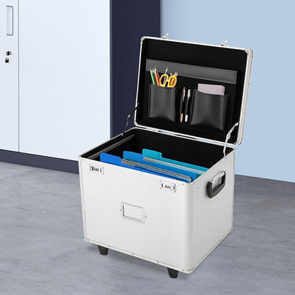 Rolling File Box with Telescopic Handle, Locking File Cabinet with Lock, Files Cart with Wheels, Mobile Business Case, Aluminum Alloy Hand Pull File Case for Home, Office, Bank - Silver