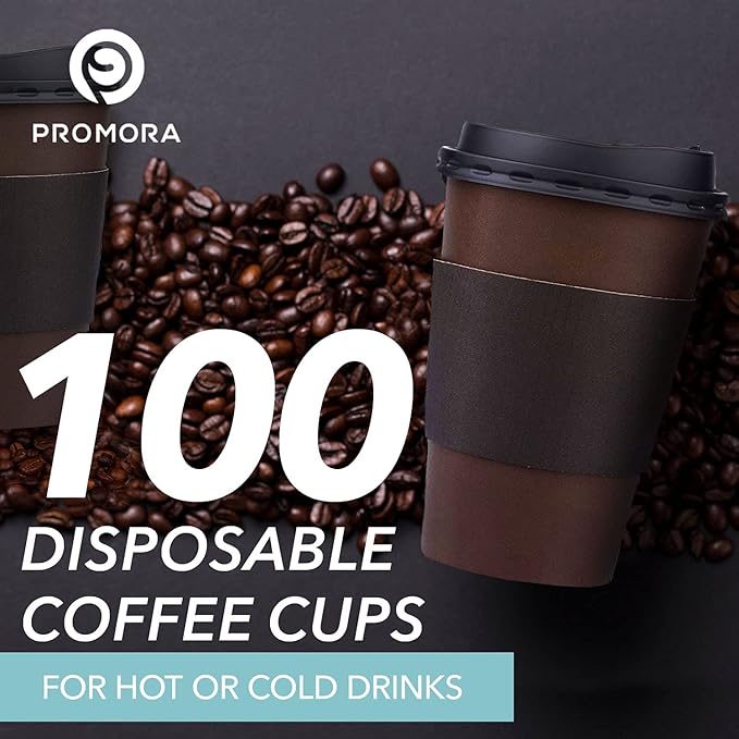 Promora 12 oz Brown Disposable Coffee Cups with Lids & Sleeves, Hot Coffee Cup Sleeves Disposable, Premium Insulated To Go Paper Cups (12 oz, Pack of 80) Brown and Black