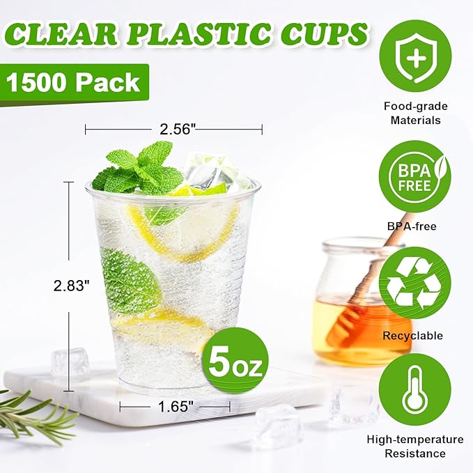 SIUQ 1500 Pack 5 oz Clear Plastic Cups, Disposable Mouthwash Cups, Plastic Cups 5 Ounce, Cold Party Drinking Cup for Party, Picnic, BBQ, Travel, Events and Everyday Use