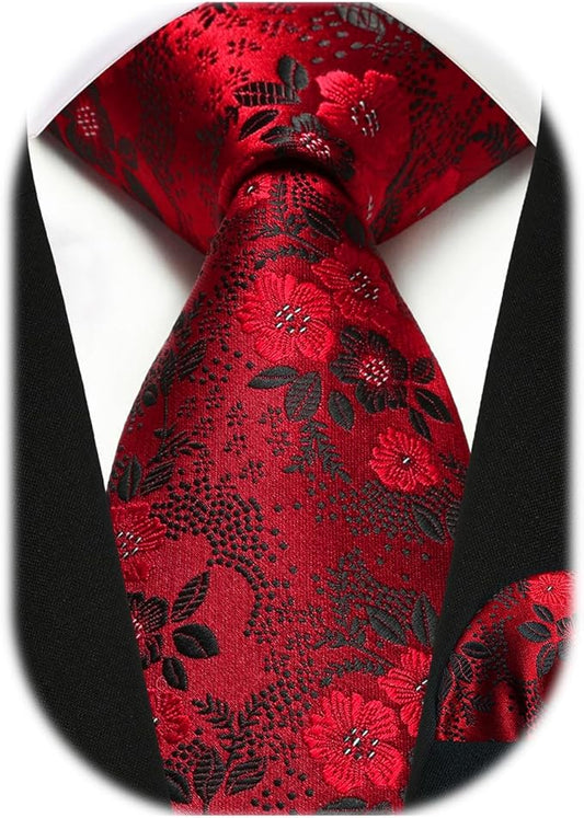 HISDERN Men Floral Ties Woven Classic 3.4" Necktie Set Formal Tie Pocket Square for Wedding with Handkerchief Gift Box