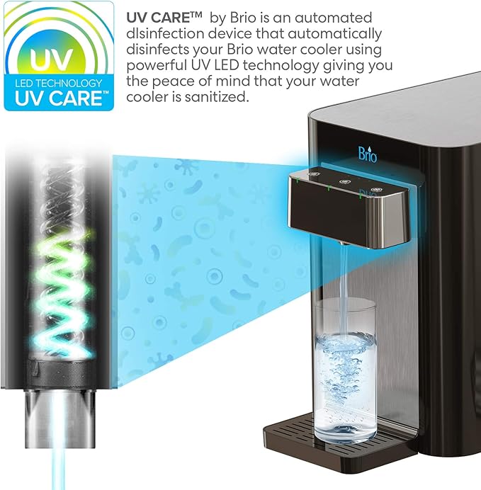 Brio Self-Cleaning Countertop Bottleless Water Cooler Dispenser - with 2-Stage Water Filter and Installation Kit, Tri Temp Dispense, UV Cleaning - Black