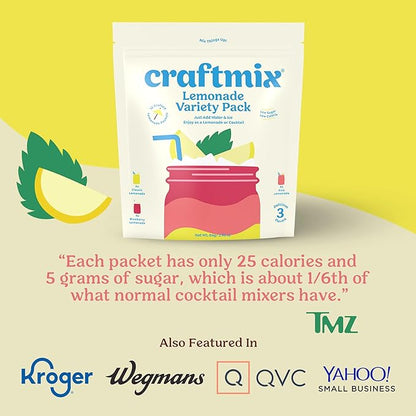 Craftmix Lemonade Variety Mix, 12 Packets, Easy Powder Drink with Real Fruit, Low-Sugar, Vegan, Low-Carb, Non-GMO, Dairy-Free, Gluten-Free, Flavored Water Enhancer, On-the-Go Water Flavoring Packets