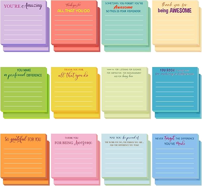 Yinder 12 Pcs Employee Appreciation Sticky Notes Xmas Gift Bulk Motivation Note Pads Mini Inspirational Note Gift for Teacher Nurse Staff Coworker Office Supply 3 x 3'' (Appreciation,Light Color)